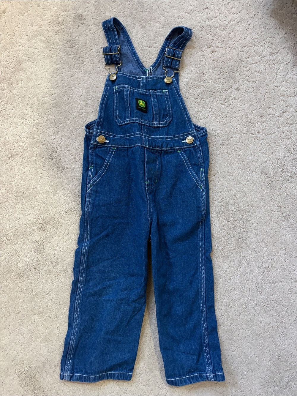 John Deere Dark Blue Denim Kids Overalls with Green Logo Patch